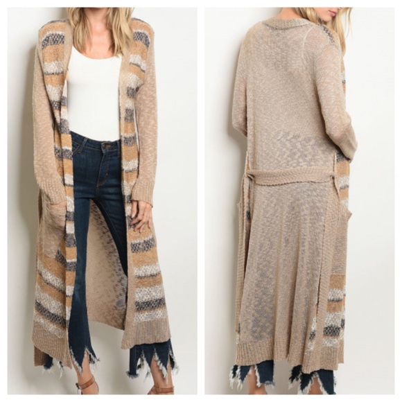 Sweaters - Taupe and Navy Long Cardigan